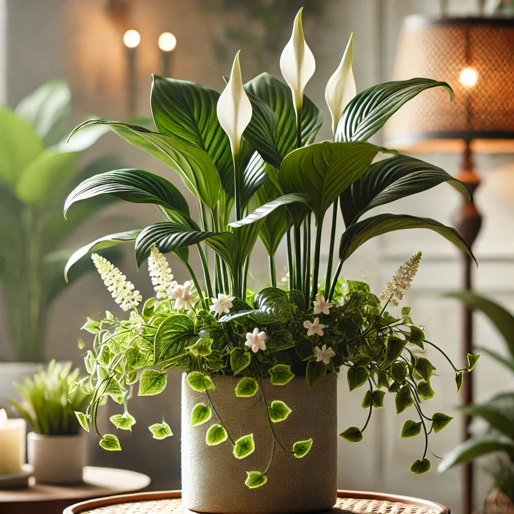 Спатифиллум, или «женское счастье», – растение, которое хорошо себя чувствует в условиях средней освещенности и умеренной влажности. Оно цветет красивыми белыми цветами и очищает воздух.