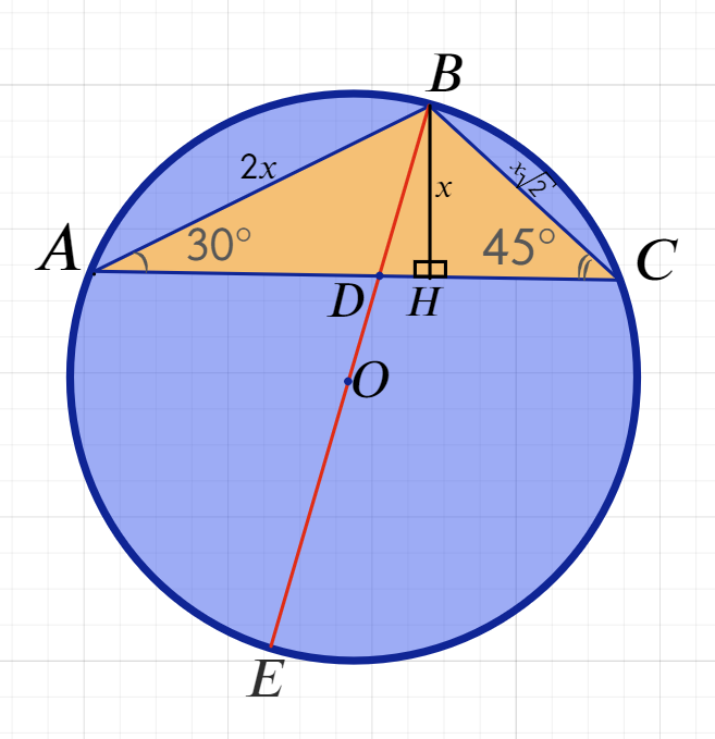 45. ★★☆ В окружность вписан треугольник, два угла которого равны 45гр. и 30гр. Через вершину третьего угла провели диаметр этой окружности. В каком отношении он делит сторону треугольника? ...-2