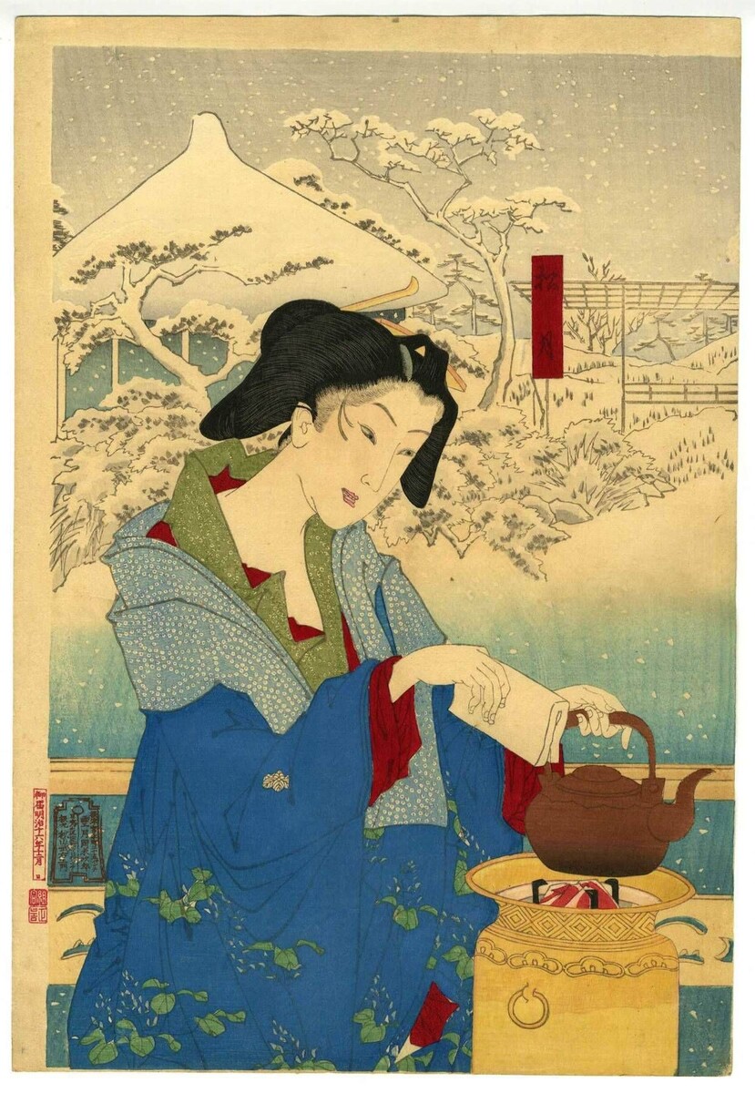 Художник Tsukioka Yoshitoshi, Япония. "Зима: Цветочный сад Дайсоро в Нэдзу".