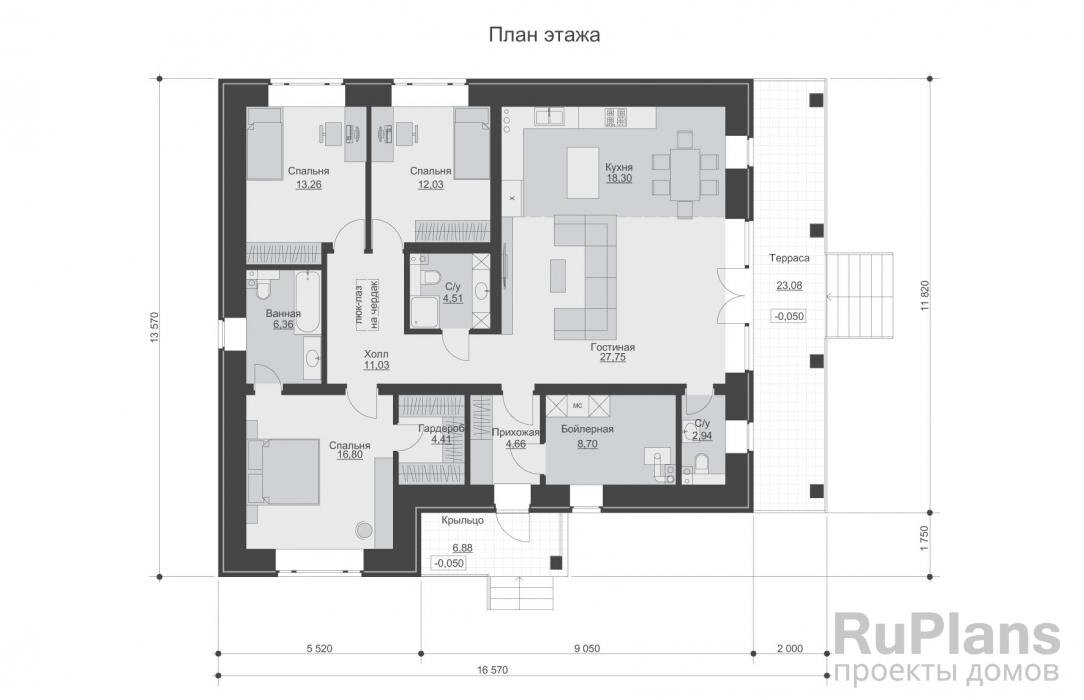 Прихожая - 4,66 м2 Бойлерная - 8,70 м2 С/у - 2,94 м2 Гостиная - 27,75 м2 Кухня - 18,30 м2 Спальня - 12,03 м2 Спальня - 13,26 м2 Ванная - 6,36 м2 Спальня - 16,80 м2 Гардероб - 4,41 м2 Холл - 11,03 м2 С/у - 4,51 м2