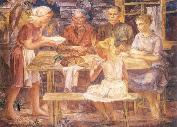 Картина из коллекции Русского музея "Ужин в деревне. Семья". Шаманов Б. И. Холст, масло.
