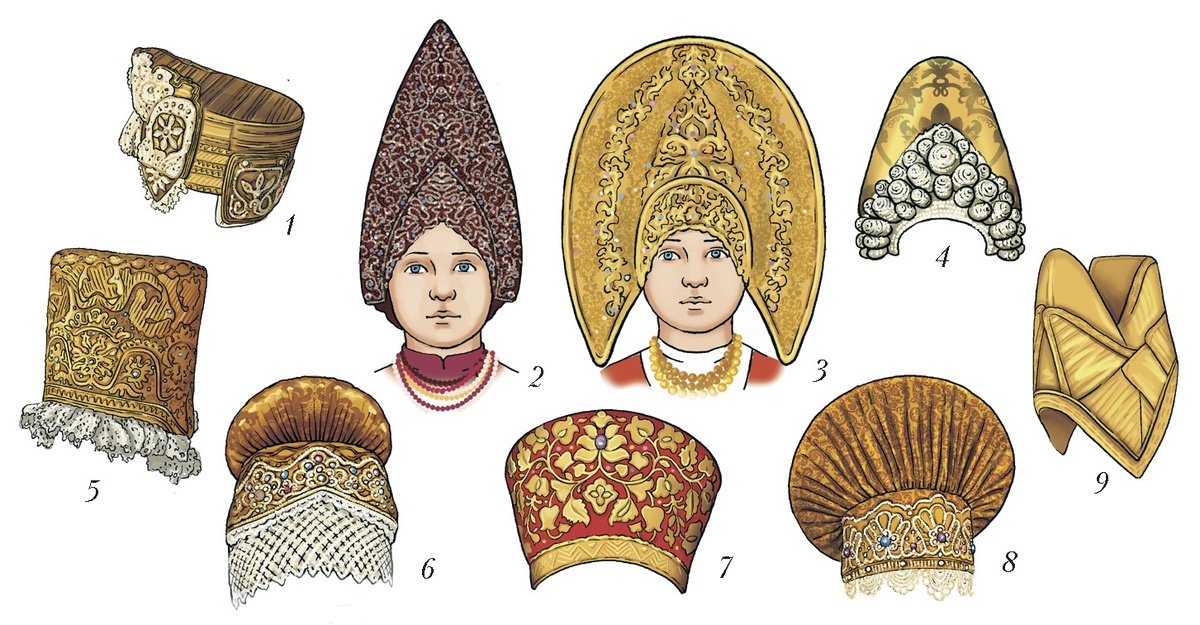 Формы кокошников: 1 – каргопольского типа; 2 – однорогий костромско-ярославского типа; 3 – однорогий владимирско-ярославского типа; 4 – псковского типа с шишками; 5 – новгородская Кика. :,8 Морщень. 9. Шеломое. Рис. Е. Н. Федорченко