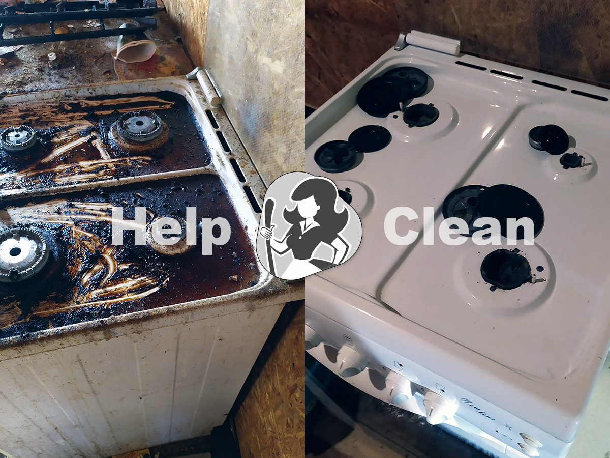 Уборка очень грязной плиты с толстым слоем жира, которую не убирали много лет