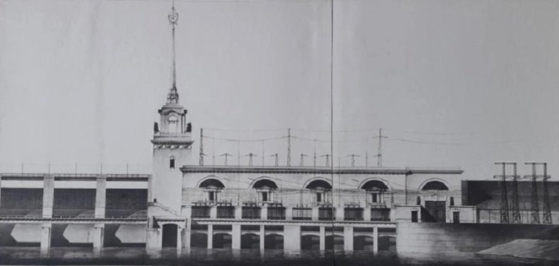 Вариант панорамы Цимлянской ГЭС.Рисунок из собрания Государственного научно-исследовательского музея