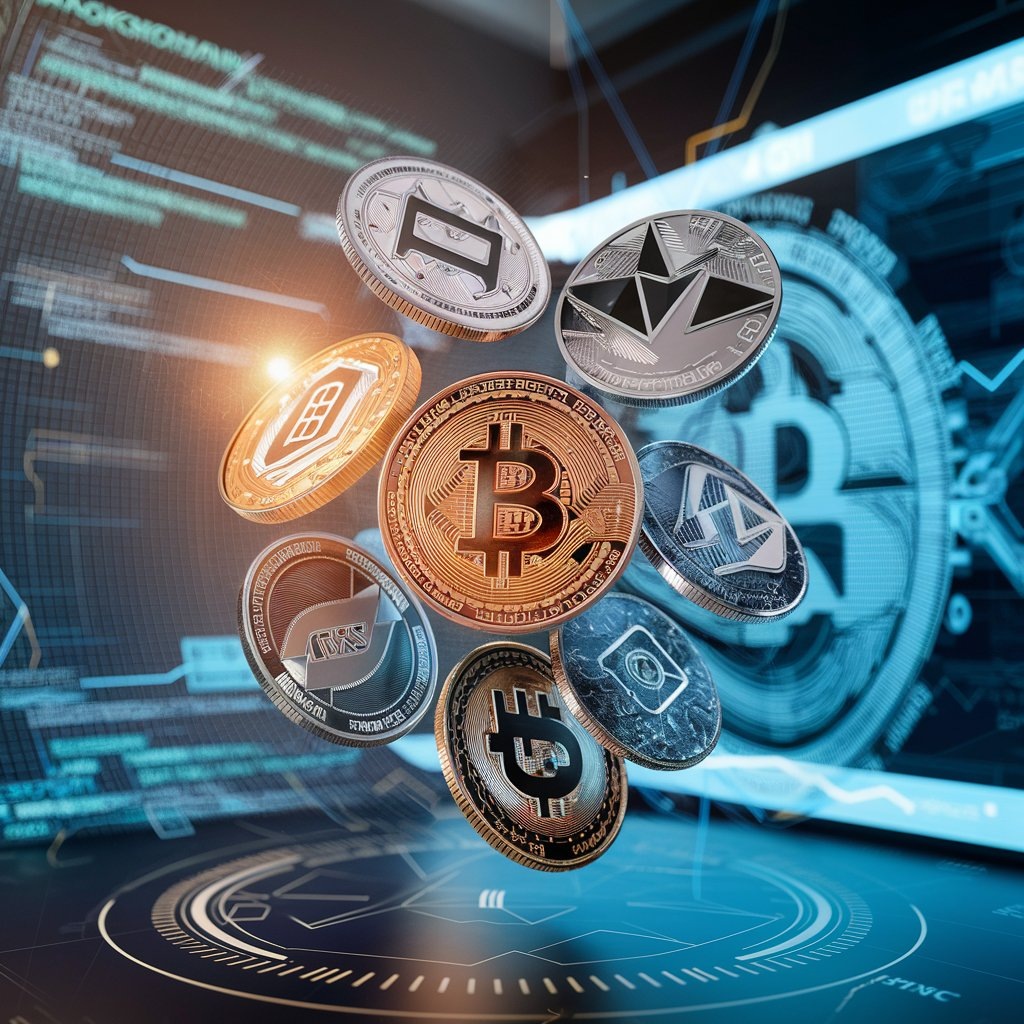 Монеты Bitcoin и другие криптовалюты, парящие в цифровом пространстве