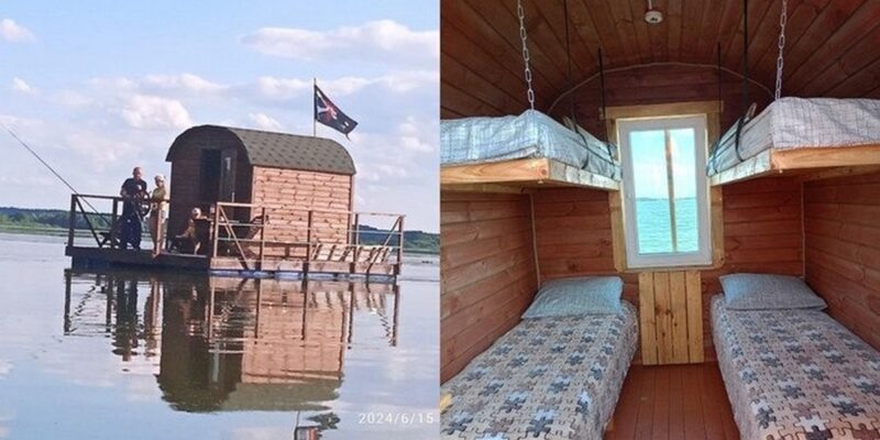 Этим летом у берегов живописного Зельвенского водохранилища, которое находится в паре часов езды от Гродно, пришвартовался домик на плоту.