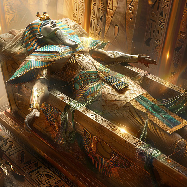 Египетский бог Осирис в золотом саркофаге