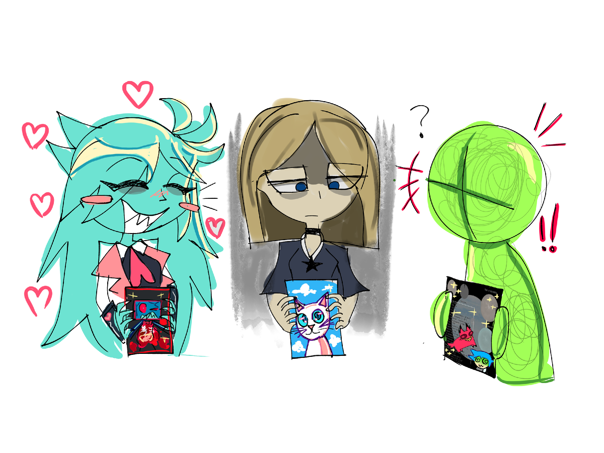 Бирюзовая девушка это я, девушка с каре - Тэфа, и зелёный чел - Сава 