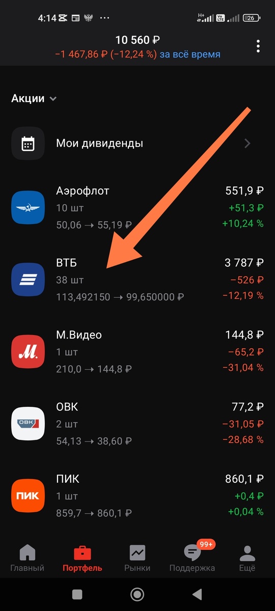 Скриншот автора канала, 38 акций ВТБ после обратного сплита.