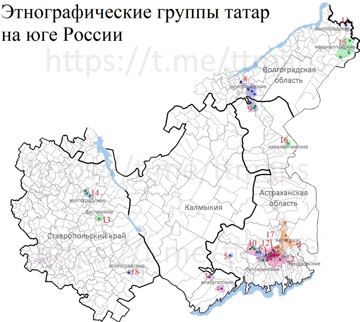 Зеленые НП - с преобладанием казанских и касимовских татар, синие - мишар, оранжевые - карагашей, розовые - юртовских, сиреневый - кундровских татар. Синий оттенок - волгоградский говор, зеленый - бастанский и караклпакский говоры, розовый, светло-сиреневый и оранжевый оттенки - астраханский говор с подговорами (юртовским, алабугатским, карагашским).