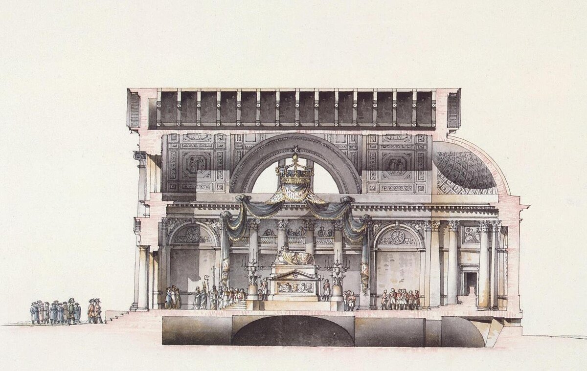 Продольный разрез капеллы по главной оси с изображением катафалка Павла I. Рисунок Джакомо Кваренги