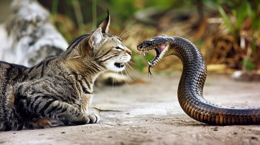 Кот неожиданно встретил Ядовитую Змею и повёл себя непредсказуемо