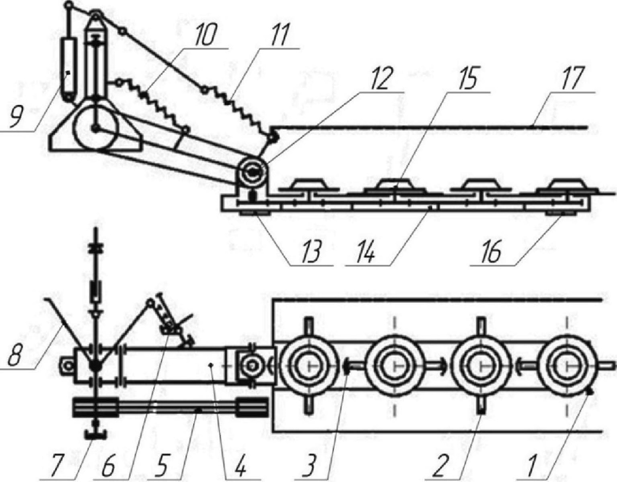 1 - полевой делитель; 2 - нож; 3 - зубчатая прямозубая передача; 4 - подрамник; 5 - клиноременная передача; 6 - тяговый предохранитель; 7 обгонная муфта; 8 рама навески; 9 - гидроцилиндр; 1 О, 11 - пружина механизма уравновешивания; 12 - конический редуктор; 13, 16 - башмаки; 14 - картер режущего аппарата; 15 - ротор; 17 - ограждения 