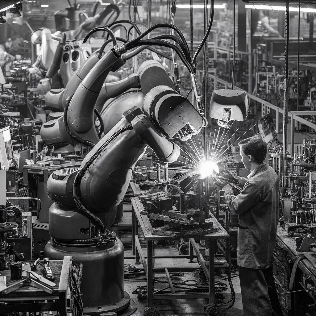 Изображение первых промышленных роботов на заводе