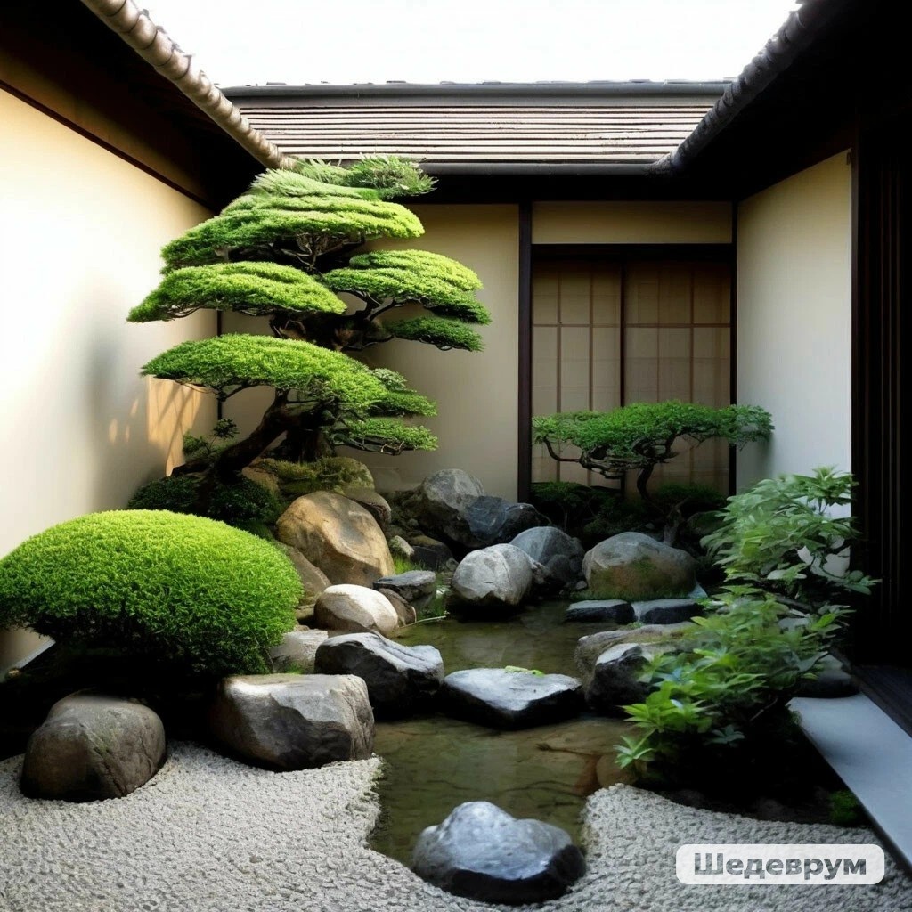 Японский сад во внутреннем дворике дома