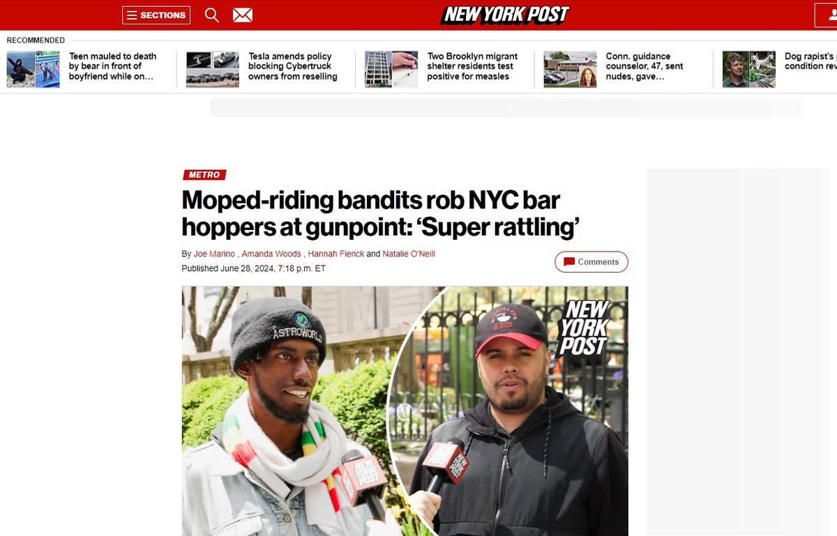 "Бандиты на мопедах грабят посетителей нью-йоркских баров под дулом пистолета"