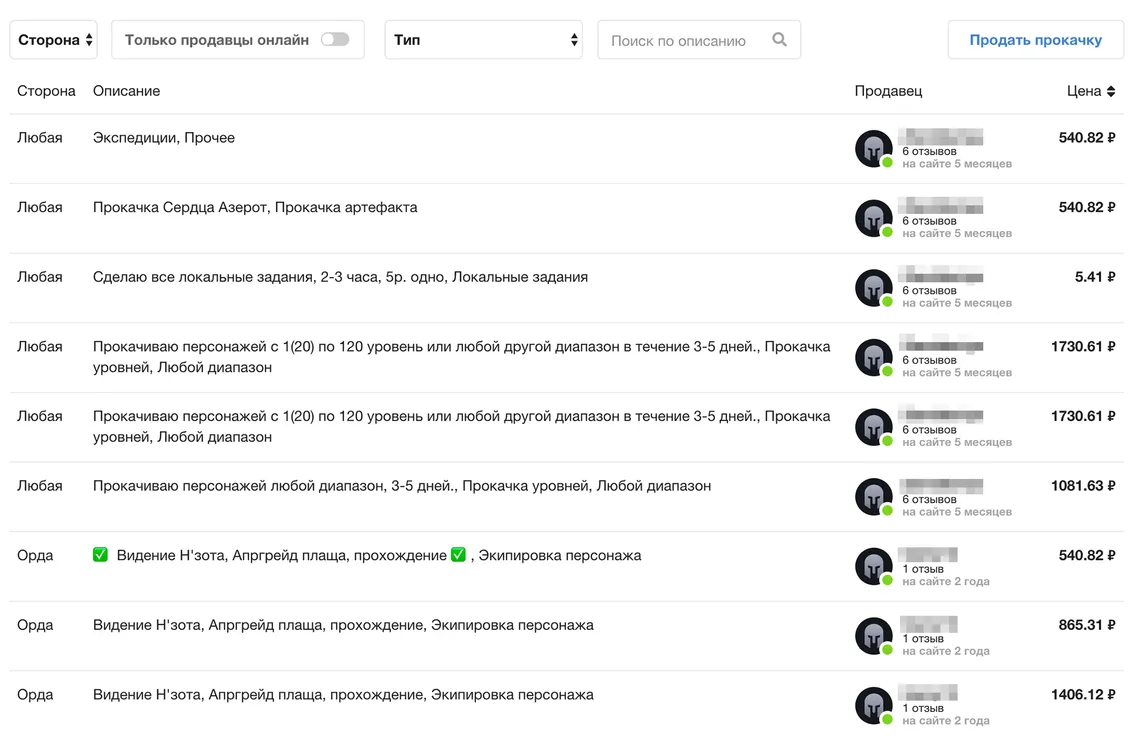 Пример объявлений о прокачке персонажей в игре World of Warcraft. Автор получит 1730 ₽ за пять дней работы. Или игры — смотря как это воспринимать