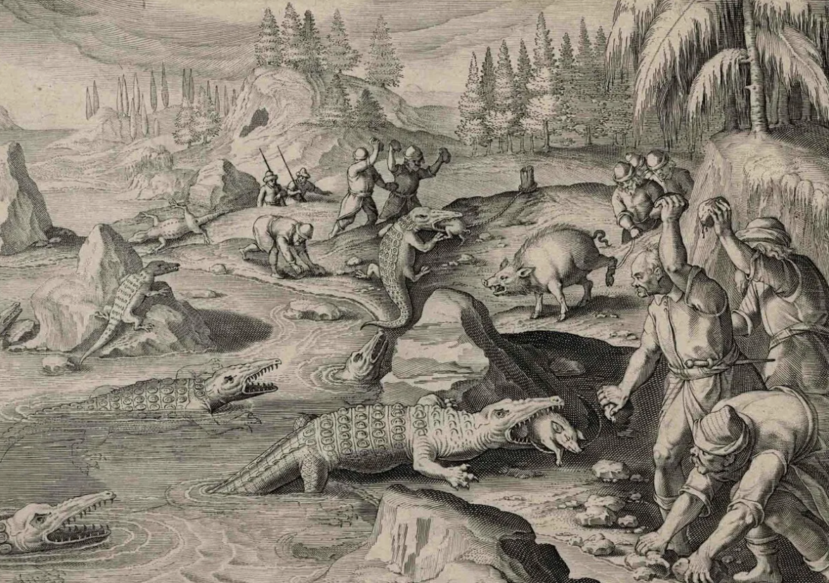Гравюра «Охота на крокодилов на Волге». Нарисовал нидерландский орнаменталист Ян Колларт в 1596 году.