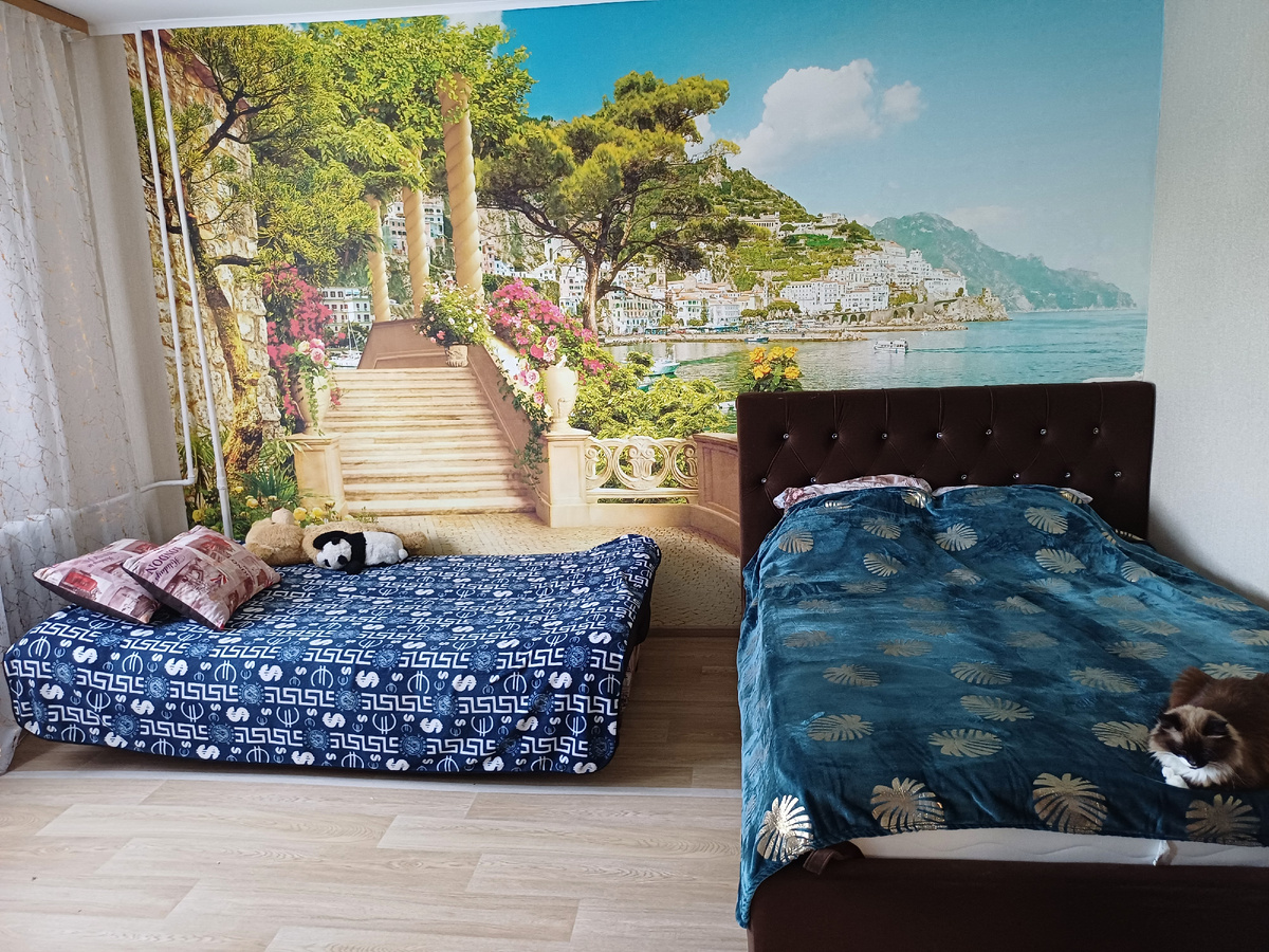 Диван пока как спальное место. Главный ценитель комыорта не дает одернуть плед.