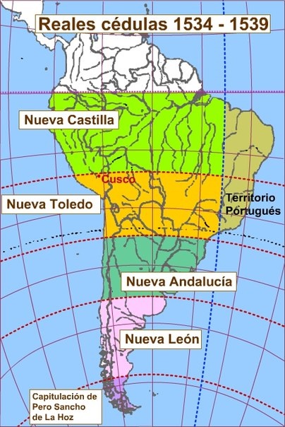 Административное деление Южной Америки на тот момент: большая часть территорий испанцами пока реально не освоена, но разделить её уже успели