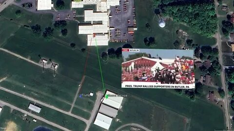 Схема нападения публикуется в соцсетях. Синяя метка- Трамп. Зеленая метка - снайпера устранившие стрелка. И красная непосредственно стрелок