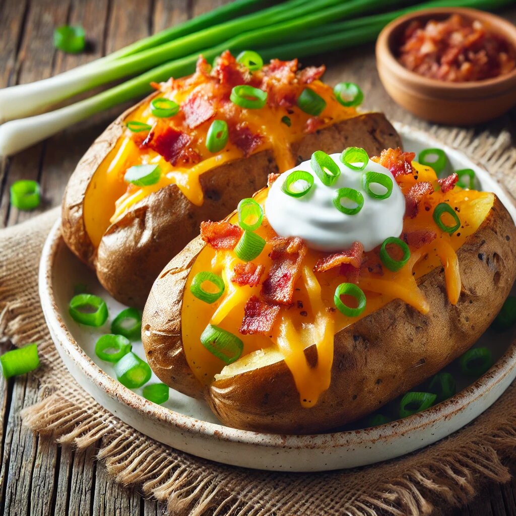 Печеный картофель с чеддером и беконом.
