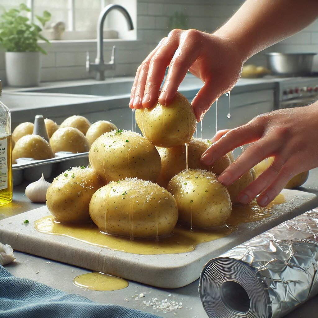 Процесс подготовки картофеля для запекания.