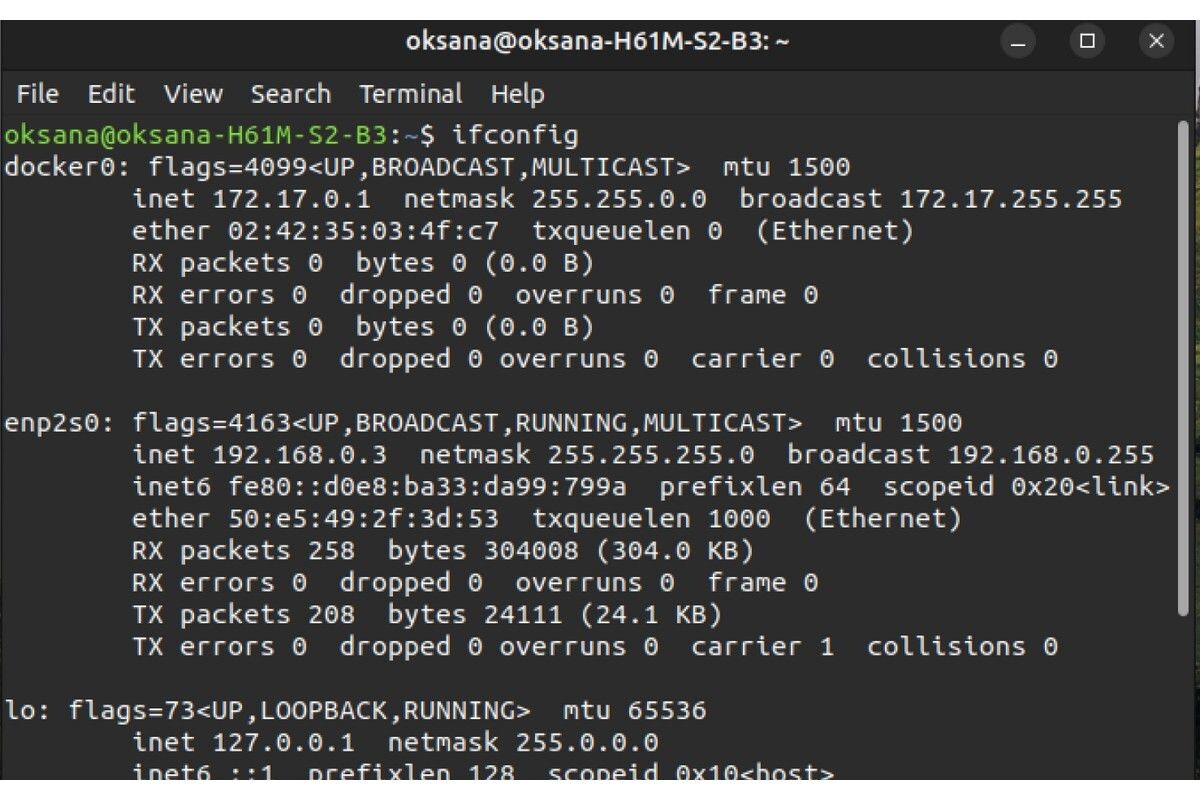 ipconfig выведет ваш айпи-адрес. Источник: Терминал на Linux📷
