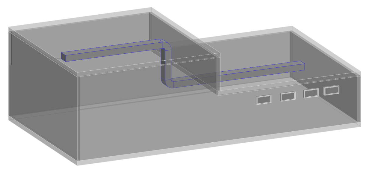 Вот простая модель для примера: воздуховод идёт на двух отметках, а окна расположены очень высоко