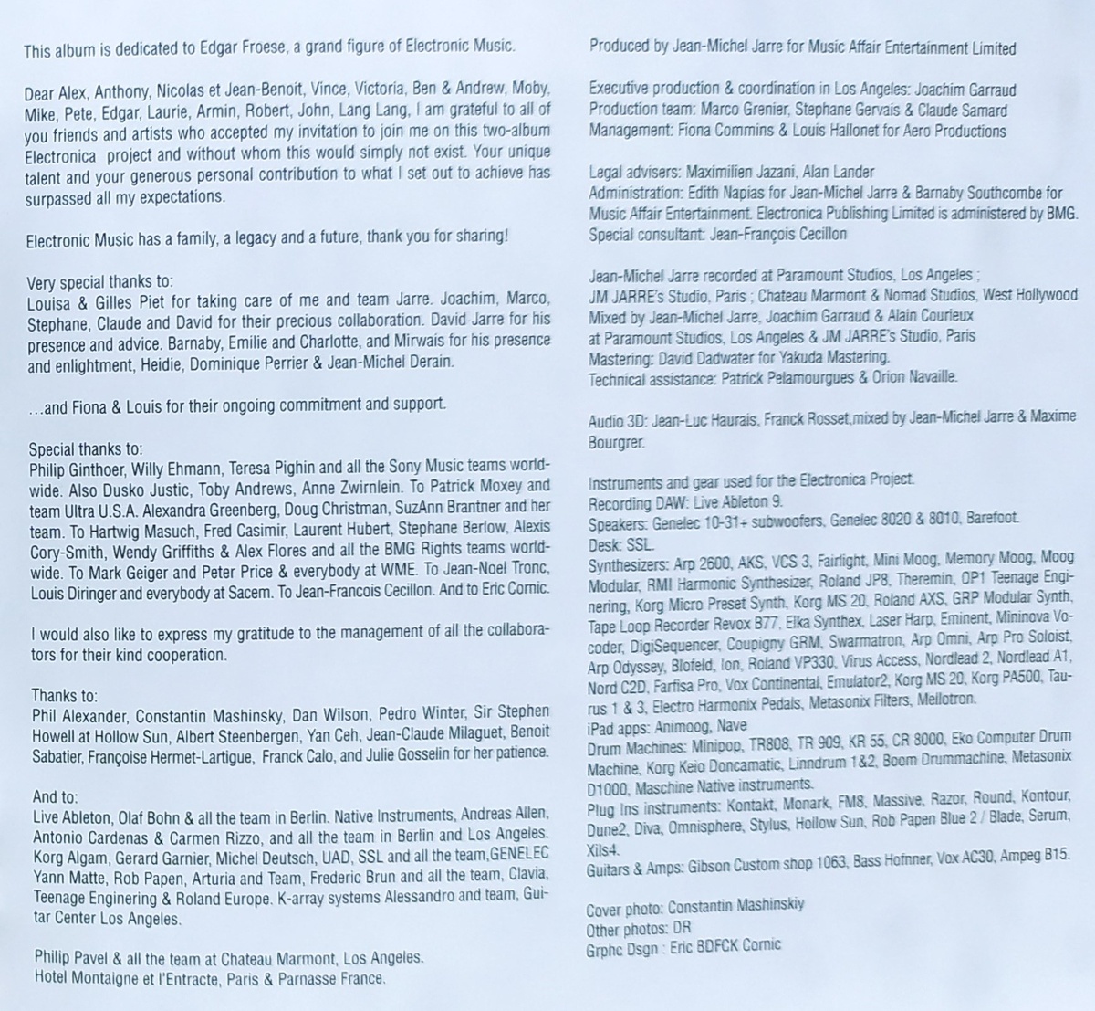 Jean-Michel Jarre "Electronica 1 - The Time Machine" CD (2015) - booklet credits