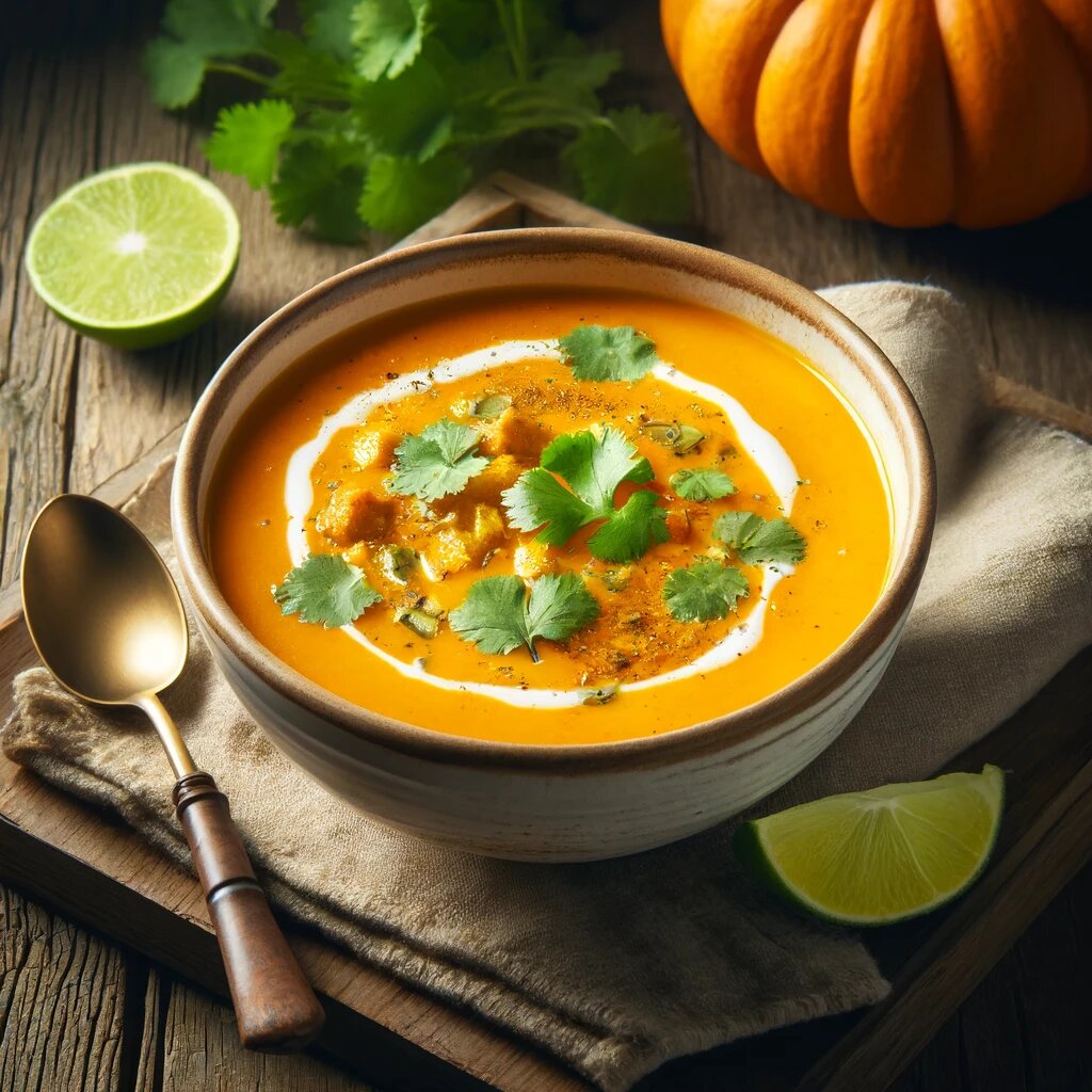 Тыквенный суп с карри и кокосовым молоком.