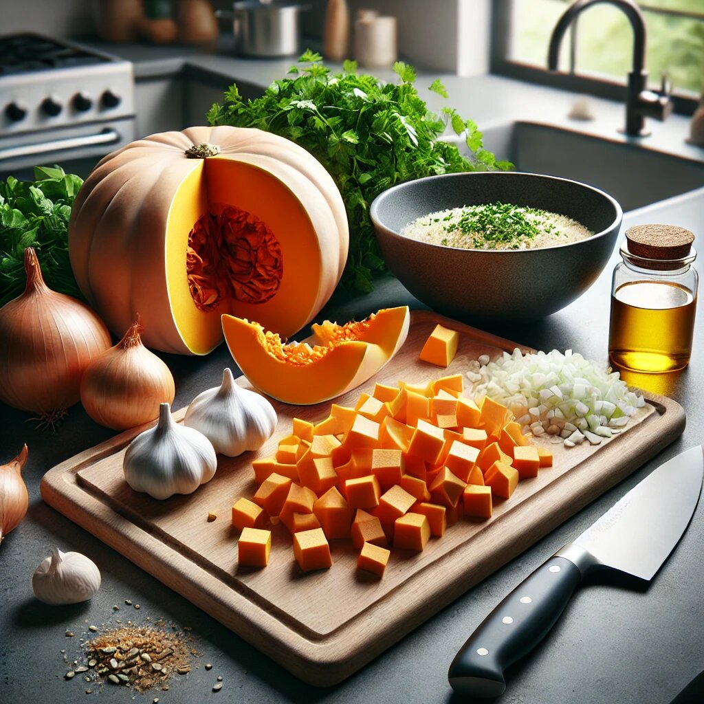 Подготовка овощей для тыквенного супа.