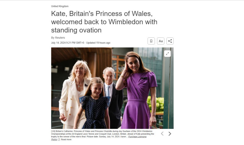    Кейт пришла на турнир Wimbledon со своей дочерью принцессой Шарлоттой. Скрин: Reuters
