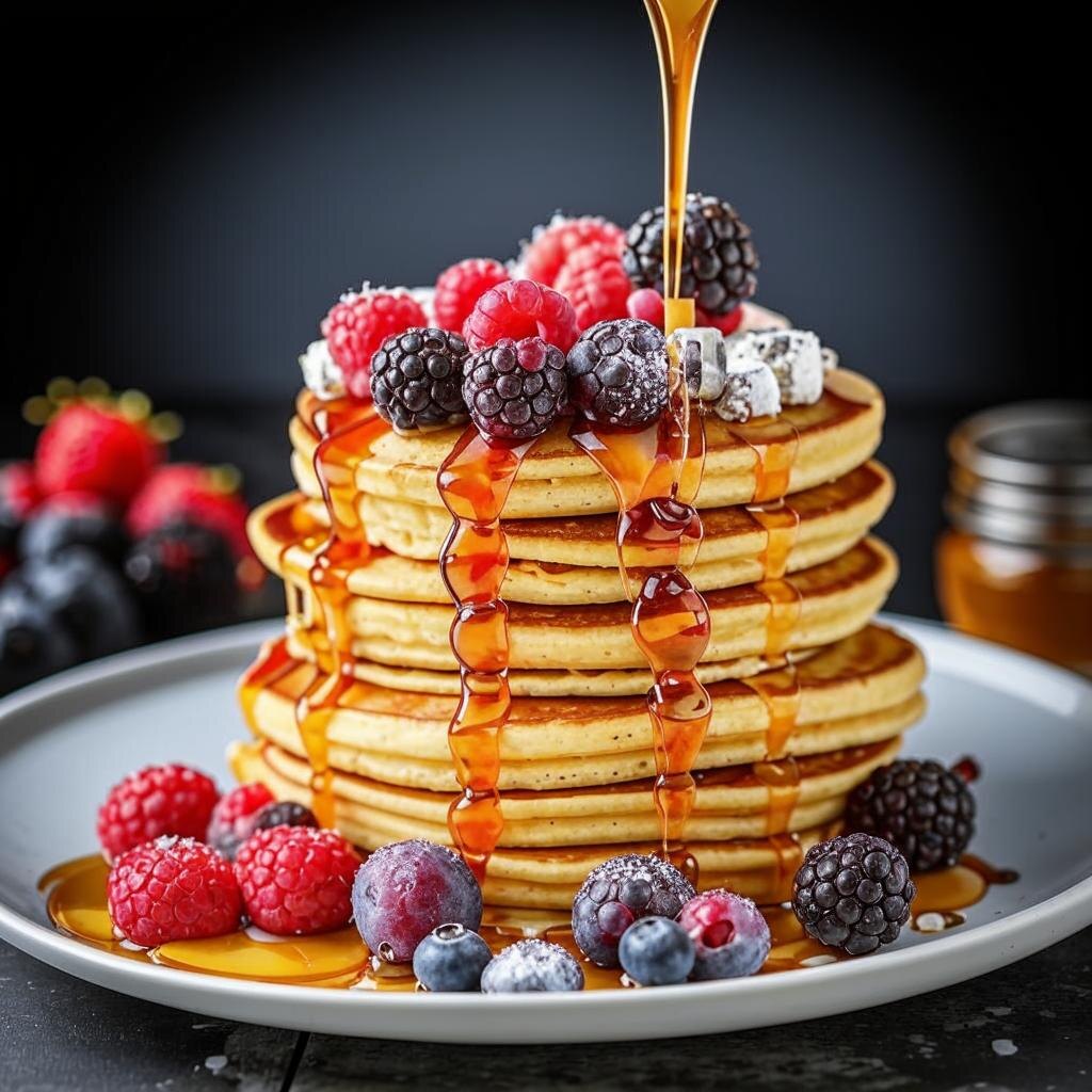 Пышные панкейки, политые медом и украшенные свежими ягодами.
