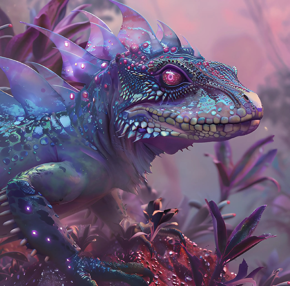 ##  Кимера Светорас:  Житель  планеты  Аврора

**Кимера  Светорас**  –  удивительное  существо,  обитающее  на  планете  **Аврора**,  где  розовое  небо  постоянно  озаряется  сиянием  неизвестных  звезд.  

**Описание:**

Кимера  Светорас  обладает  мощным  телом,  покрытым  блестящей,  зеленовато-синей  чешуей.  Четыре  мощные  лапы  с  острыми  когтями  позволяют  ему  с  легкостью  передвигаться  по  неровной  поверхности  Авроры.  Длинный,  гибкий  хвост,  украшенный  шипами,  служит  ему  как  балансир  и  защитный  механизм.  Голова  Кимеры  Светораса  украшена  гребнем  из  костных  пластин,  а  вместо  глаз  –  ярко-красные  фоторецепторы,  испускающие  слабый  свет.  

**Особенности:**

* **Фоторецепторы:**  Кимера  Светорас  не  имеет  традиционных  глаз.  Вместо  них  у  него  развились  фоторецепторы,  которые  способны  улавливать  свет  и  преобразовывать  его  в  визуальные  образы.  Эти  рецепторы  также  испускают  слабый  свет,  что  позволяет  Кимере  Светорасу  видеть  в  темноте  и  сигнализировать  своим  сородичам.
* **Биолюминесценция:**  Кимера  Светорас  обладает  способностью  к  биолюминесценции.  Его  тело  испускает  тусклый  свет,  который  может  меняться  в  зависимости  от  его  эмоционального  состояния.  Это  позволяет  ему  общаться  со  своими  сородичами  и  отпугивать  хищников.
* **Тепловая  регуляция:**  Чешуя  Кимеры  Светораса  имеет  специальные  свойства,  которые  позволяют  ему  регулировать  температуру  своего  тела.  В  холодные  дни  чешуя  нагревается,  а  в  жаркие  дни  она  отражает  солнечные  лучи.

**Интересные факты:**

* Кимеры  Светорасы  являются  одними  из  самых  древних  животных  на  Авроре.  Они  обитают  в  глубоких  лесах,  где  растут  светящиеся  растения  с  фиолетовыми  листьями.
* Ученые  считают,  что  Кимеры  Светорасы  развились  от  земных  ящериц,  которые  были  занесены  на  Аврору  в  результате  неизвестного  космического  события.  

