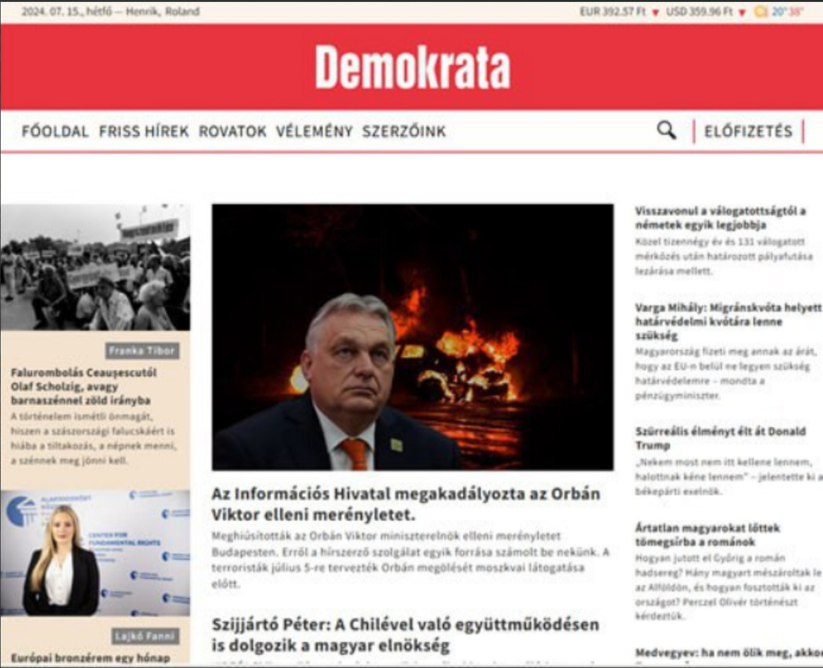 Главный редактор венгерского издания Demokrata Андраш Бенчик заявил, что информация о предотвращении покушения на премьер-министра Венгрии Виктора Орбана является недостоверной.-2