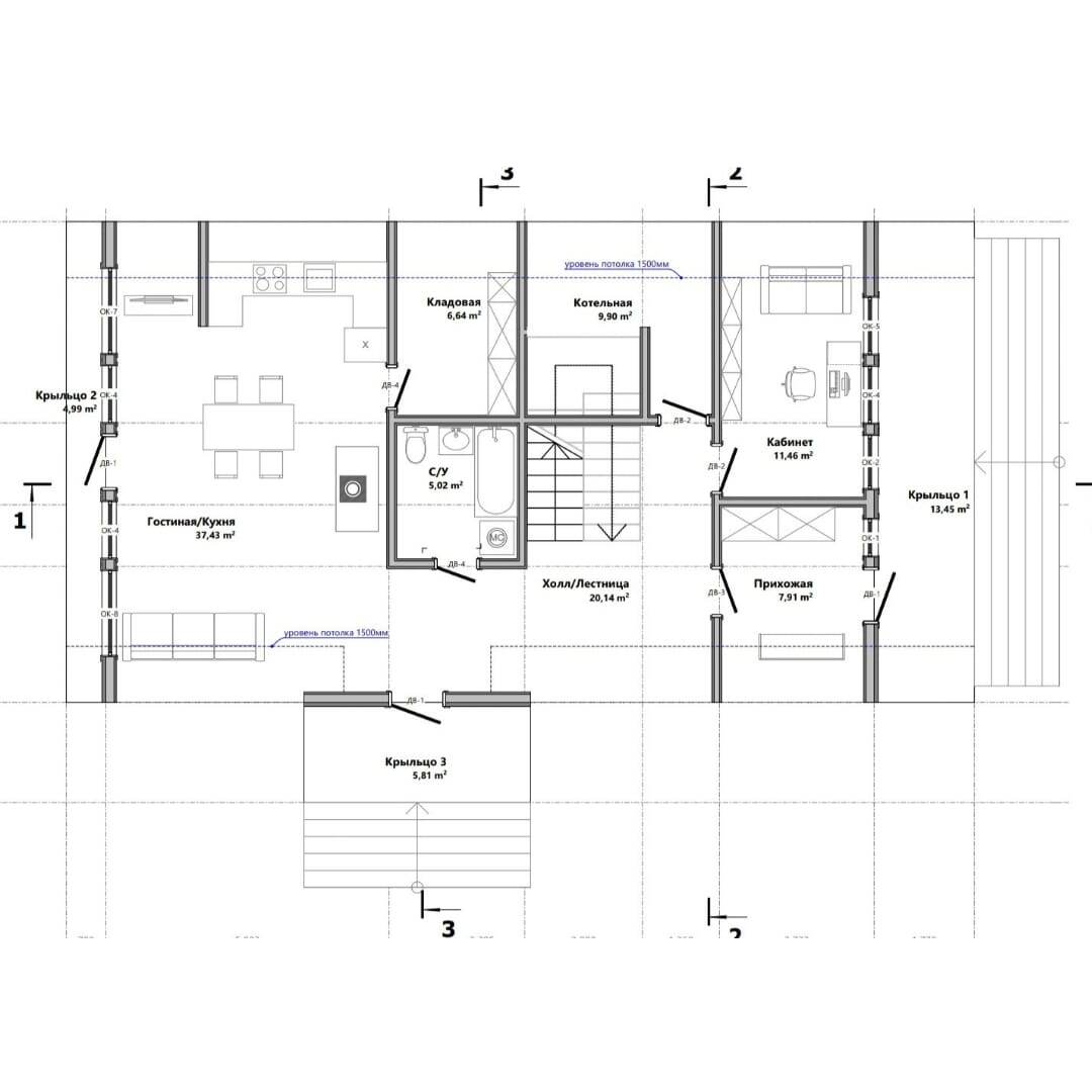 Технико-экономические показатели:
Этажность здания – 2 этажа 
Расчётный метраж – 195 м²
Высота 1 этажа – 2,7
Высота 2 этажа – 5,5
Общая площадь помещений – 158 м²
Площадь застройки – 143 м²

В проекте полный комплект документов:
— архитектурный раздел
— конструктивный раздел
— 3D-модель дома
— 3D-модель каркаса
— карта раскроя пиломатериала
— визуализация проекта

Напишите в сообщение сообщества, чтобы получить эскизный проект этого дома.