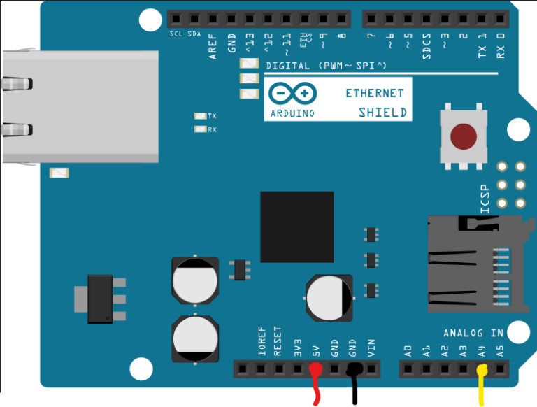 Подключаем датчик к Ethernet Shild(изначально у меня на датчике были цветные провода)