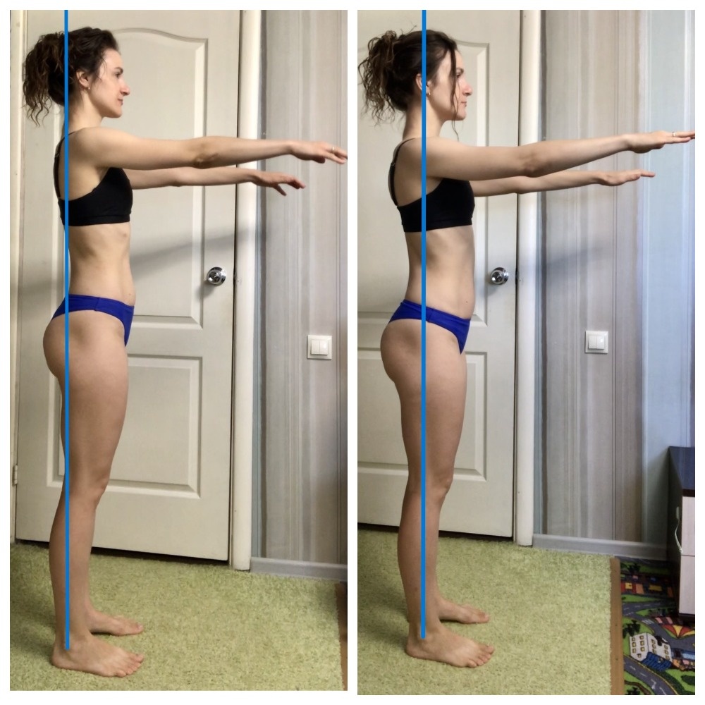 Центр тяжести сместился назад, живот стал плоским без выпирания внизу, плечи опустились.