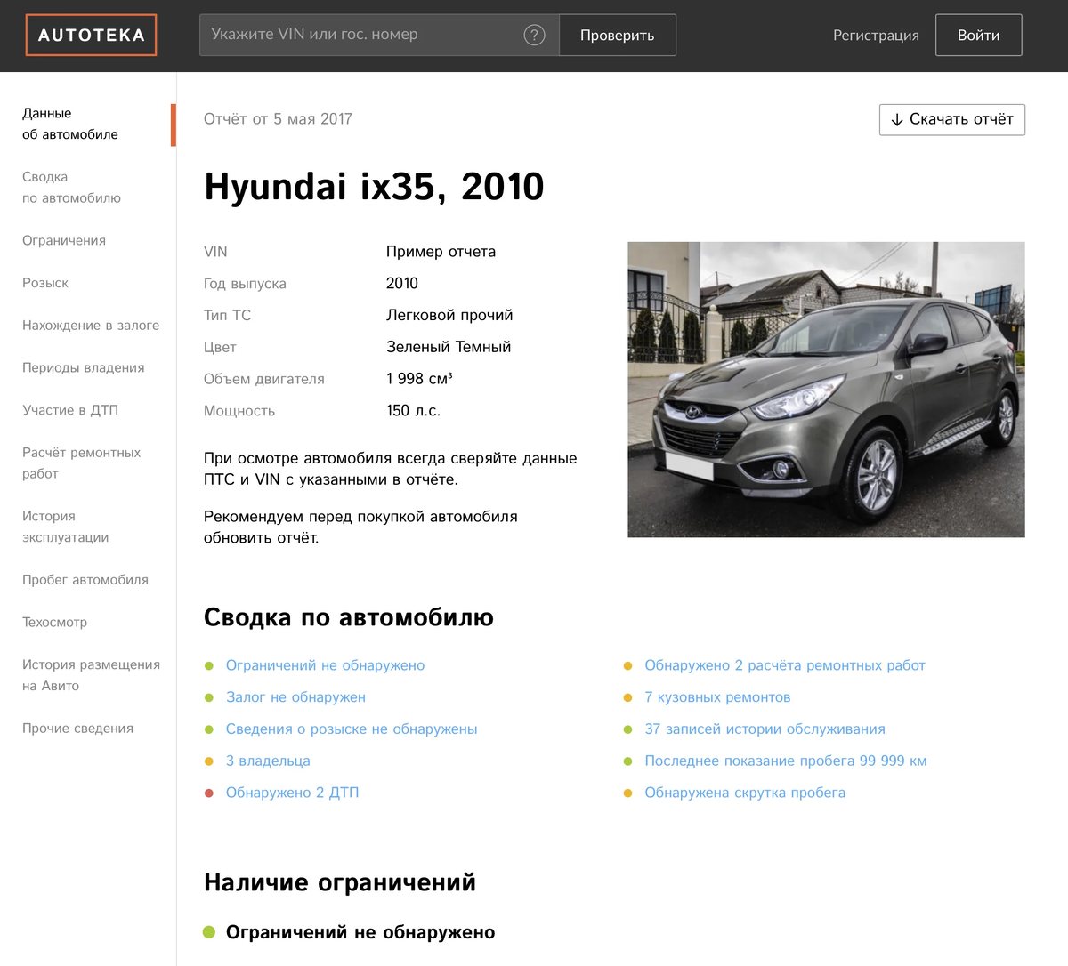 Пример отчёта Автотеки