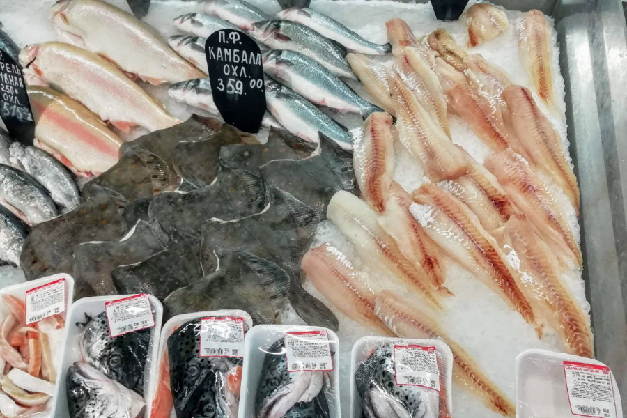 Морская рыба. Морепродукты. Камбала. Сёмга.