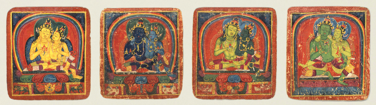 Набор цакли. Тибет, начало XV в. Бумага, водно-клеевые краски. 16х14,5 см. Метрополитен-музей (англ. The Metropolitan Museum of Art), Нью-Йорк. Учётный номер: 2000.282.1–.25. Эл. ресурс URL: https://www.metmuseum.org/perspectives/tsakali-mandala