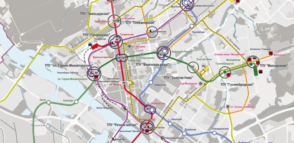 Рельсовый  каркас Новосибирска составят городская железная дорога, метро и  трамвайная сеть. Схема предоставлена управлением пассажирских перевозок  мэрии города Новосибирска