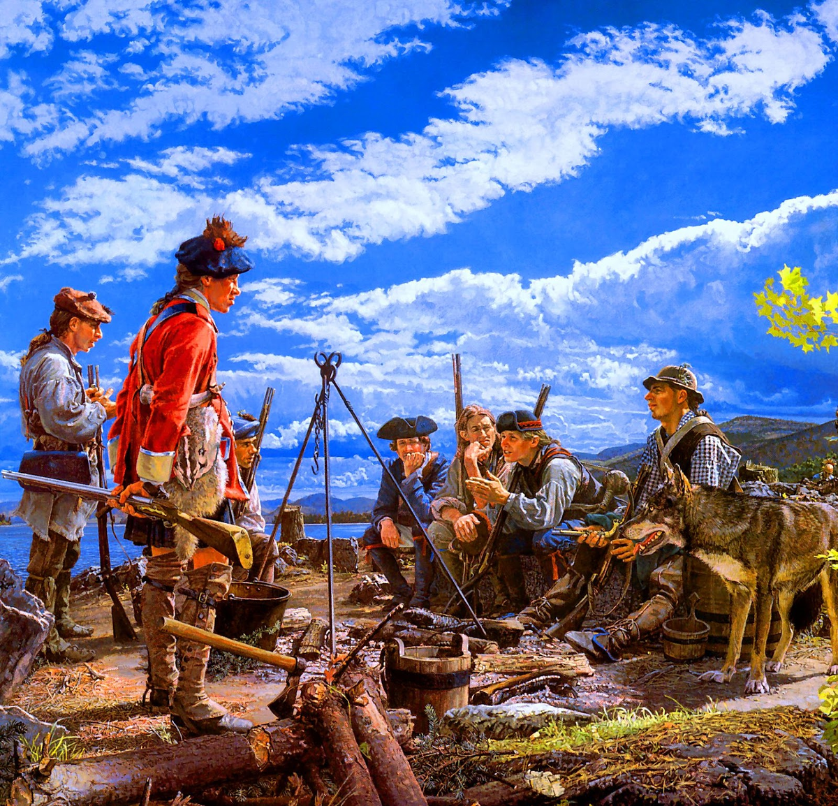 На этой картине "Сержант Бобьен" художника Джона Бакстона изображены рейнджеры Роджерса , которые расположились на привал на берегу озера Джордж недалеко от форта Уильям-Генри 