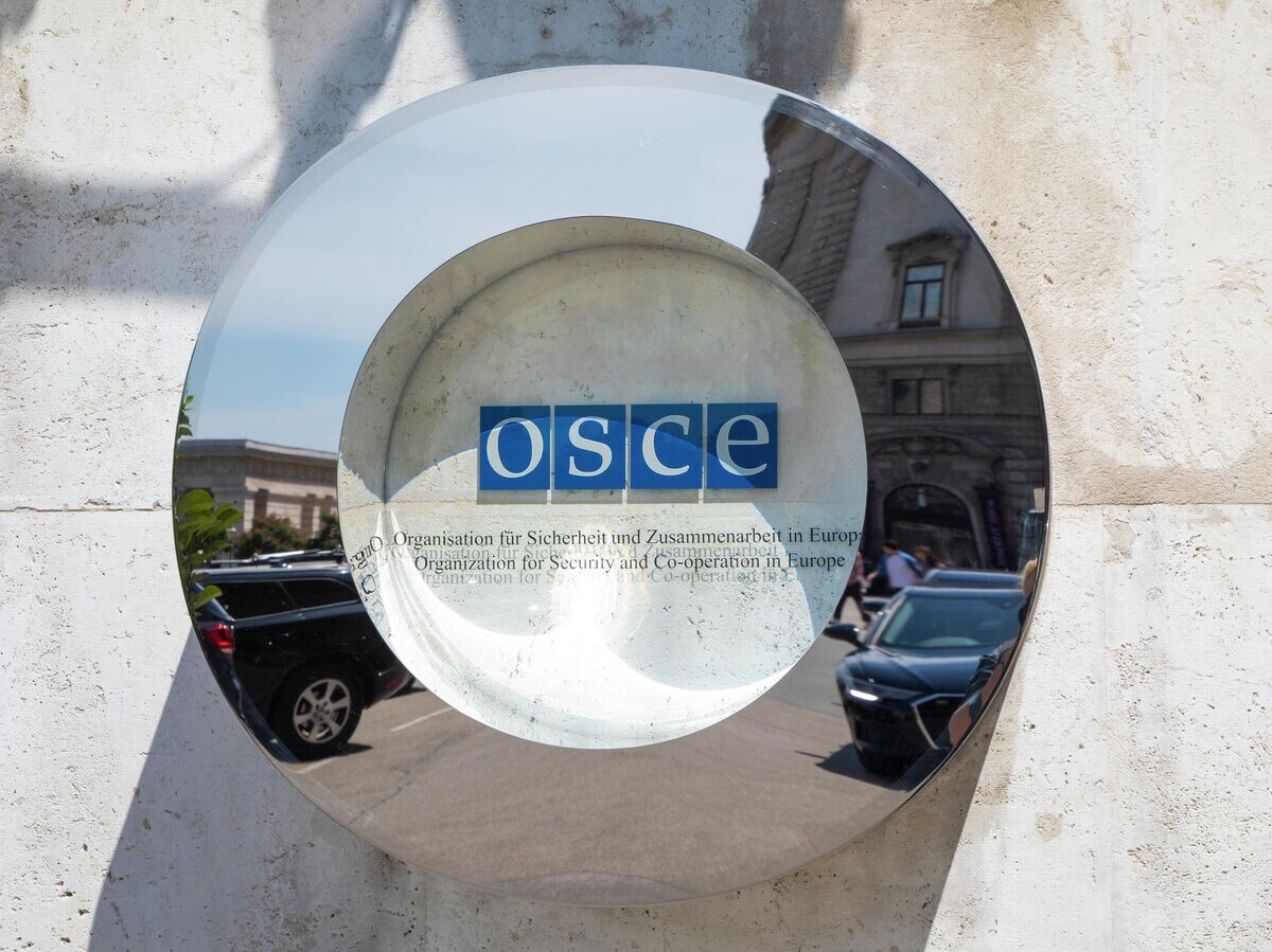    Логотип ОБСЕ на здании в Вене, где проходит заседание постоянного совета Организации по безопасности и сотрудничеству в Европе© РИА Новости / Стрингер