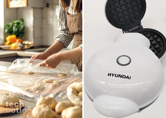 Застилайте стол пищевой пленкой перед тем, как катать тесто (Вафельница Hyundai HYSM-4243) / Изображение: дзен-канал technotion