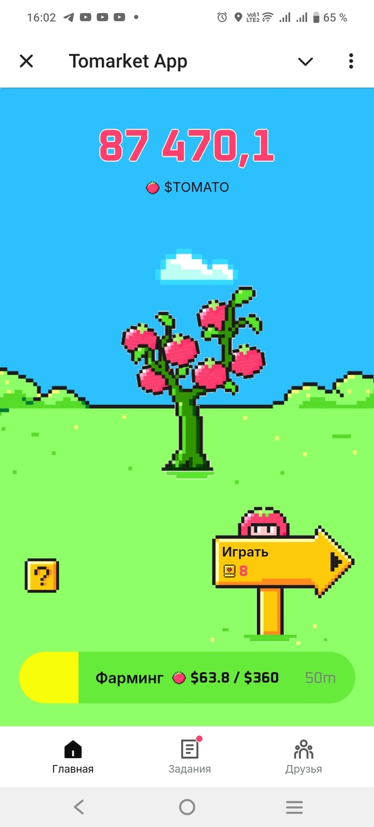 Основной экран Tomarket App bot в Телеграмме, игровой процесс добычи монет