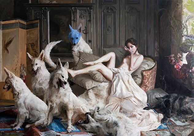 Картина художника Гильермо Лорка Гарсия-Уидобро / Guillermo Lorca García-Huidobro  под названием " Сад и собаки Масло на ткани, 170 х 260 см., 2024 год