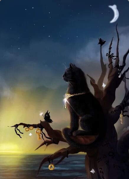 Первый вариант жрицы в колоде "Таро черных котов". Автор: Мария Курара