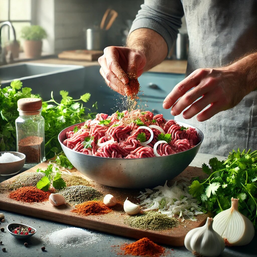 Процесс подготовки фарша для кебабов.
